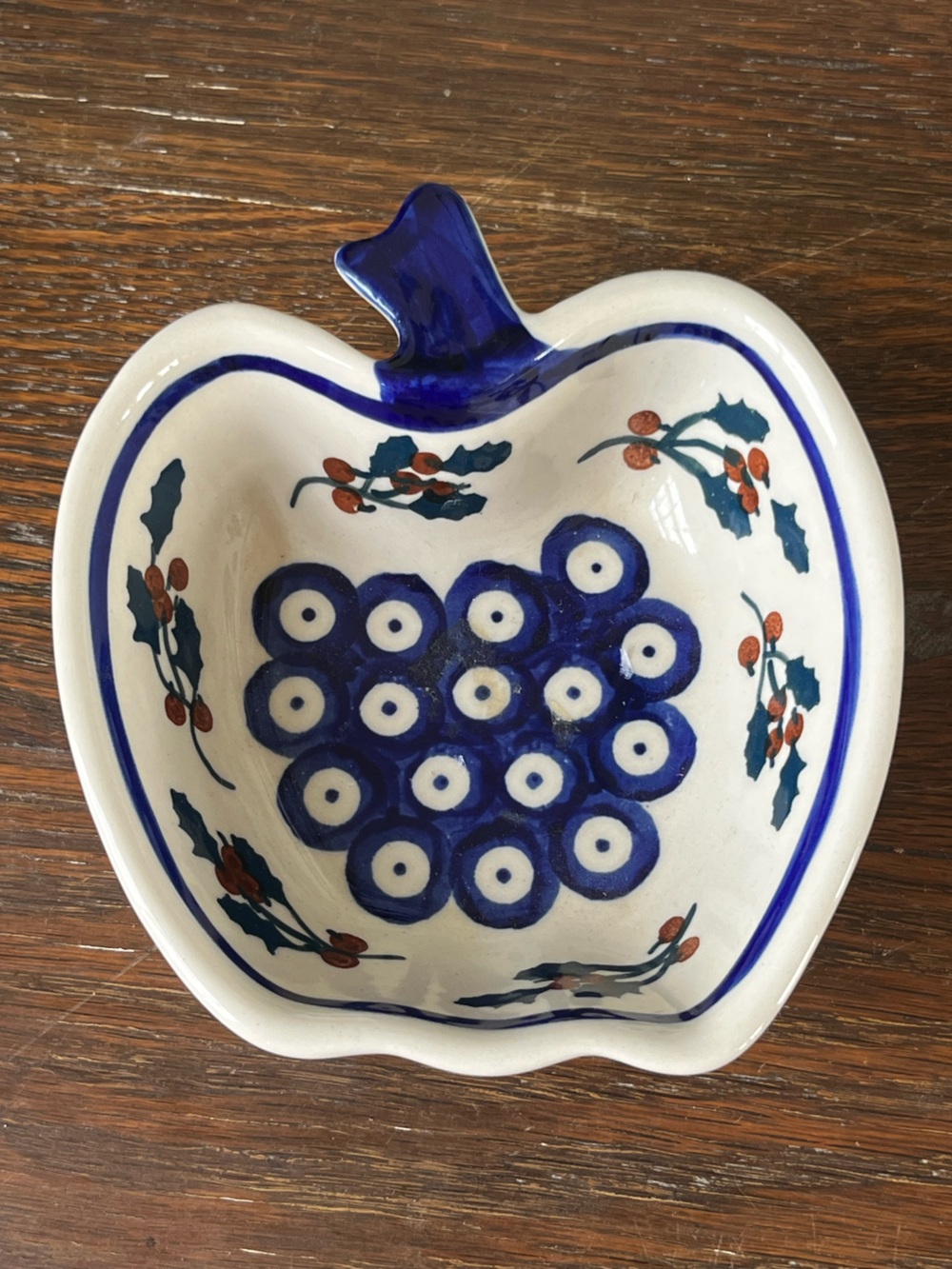 Bolesławiec Polish Pottery Apple-Shaped Dish, peacock blue, holly berry